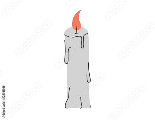 Hand drawn cute cartoon illustration of magic burning candle. Flat vector Halloween esoteric sticker in simple colored doodle style. Occult icon or print. Isolated on white background.