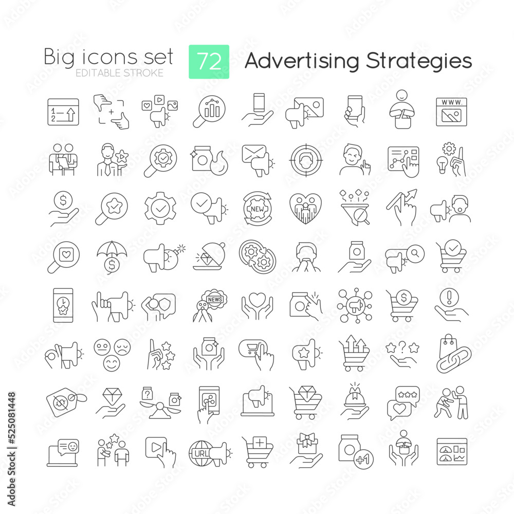 Advertising strategies in marketing linear icons set. Promoting new products. Customizable thin line symbols. Isolated vector outline illustrations. Editable stroke. Quicksand-Light font used