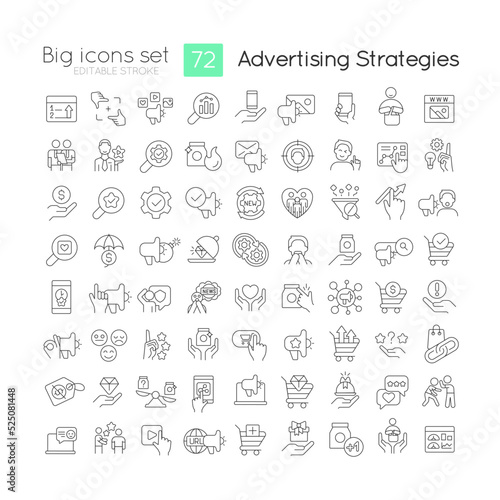 Advertising strategies in marketing linear icons set. Promoting new products. Customizable thin line symbols. Isolated vector outline illustrations. Editable stroke. Quicksand-Light font used