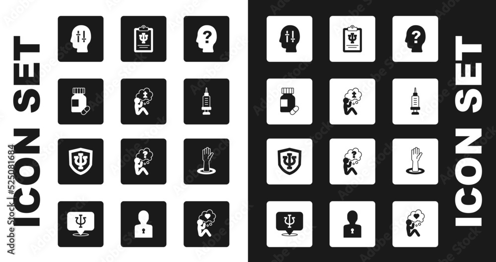 Set Head with question mark, Man graves funeral sorrow, Sedative pills, Solution to the problem, Addiction drug, Psychology, Psi, Helping hand and icon. Vector Set Head with question mark, Man graves funeral sorrow, Sedative pills, Solution to the problem, Addiction drug, Psychology, Psi, Helping hand and icon. Vector