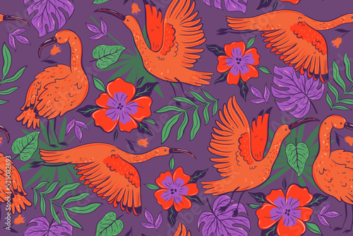 Seamless pattern with ibises and tropical flowers. Vector graphics.