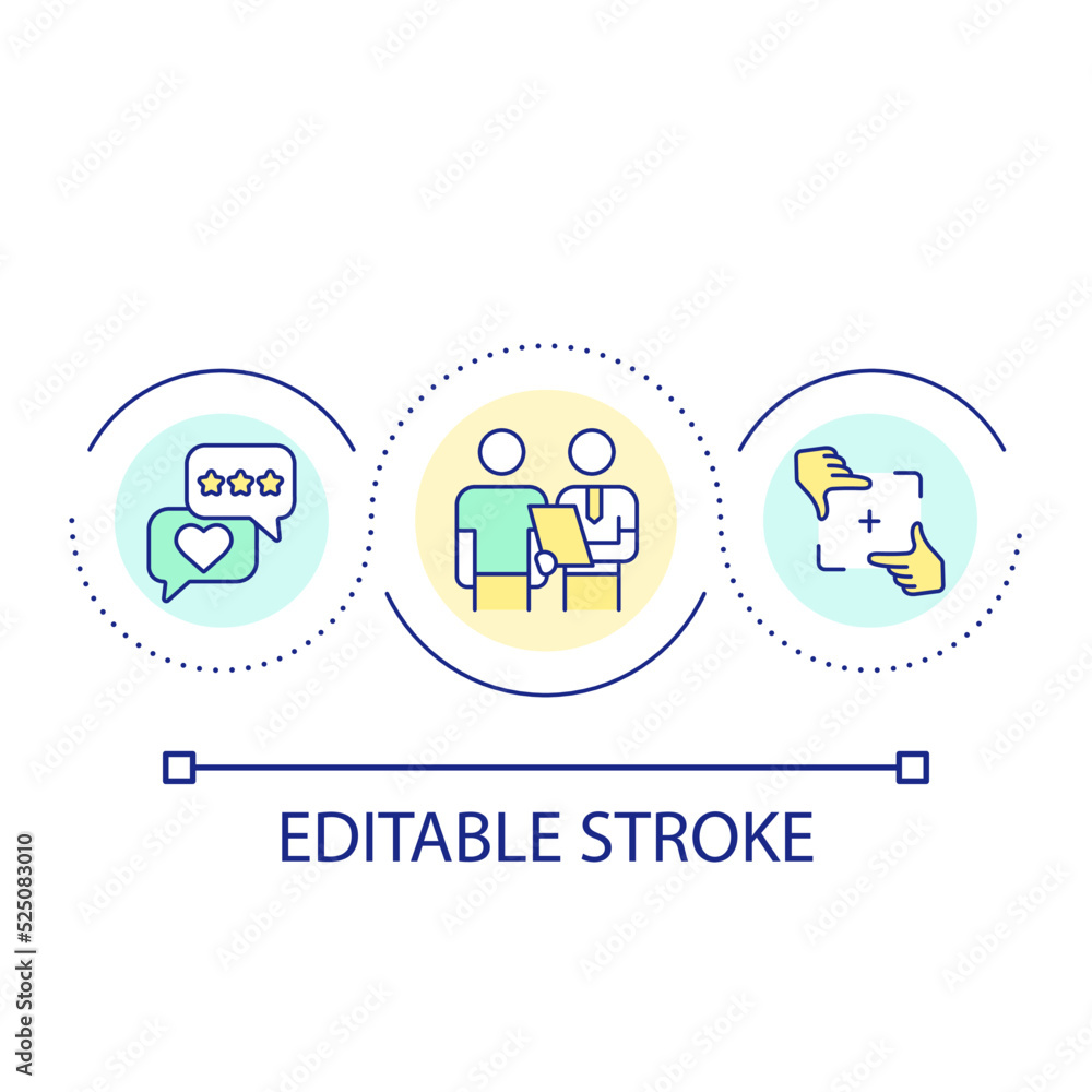 Get customer feedback loop concept icon. Clients questionnaire abstract idea thin line illustration. Evaluating satisfaction and experience. Isolated outline drawing. Editable stroke. Arial font used Get customer feedback loop concept icon. Clients questionnaire abstract idea thin line illustration. Evaluating satisfaction and experience. Isolated outline drawing. Editable stroke. Arial font used
