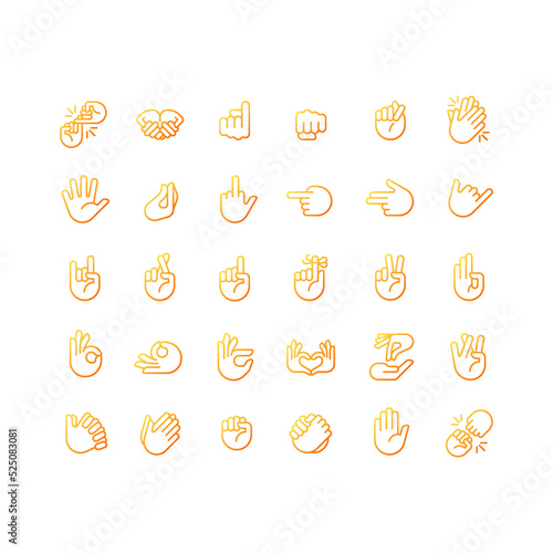 Hand gestures pixel perfect gradient linear vector icons set. Body language. Communication signals. Thin line contour symbol designs bundle. Isolated outline illustrations collection
