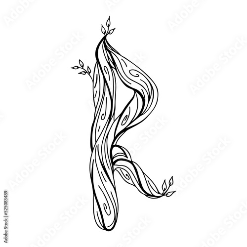 Rune Raido. Wooden doodle style. Magic amulet of travelers, roads, ways. Forward movement. Wheel. Elder Futhark. The alphabet is Nordic and Northern. Viking letters. Magic tattoo.