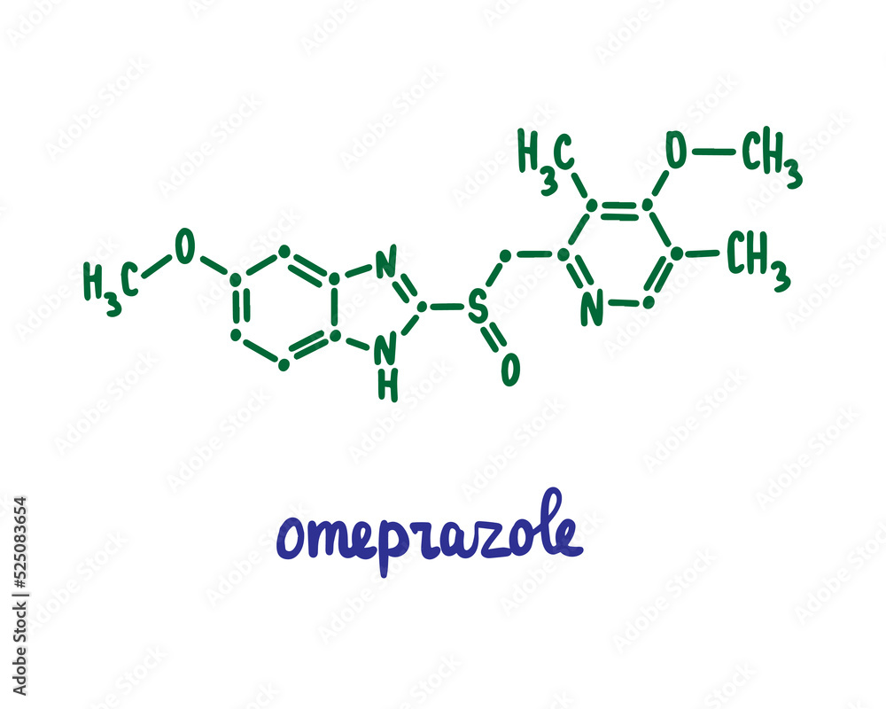 Omeprozole hand drawn vector formula chemical structure lettering blue green Omeprozole hand drawn vector formula chemical structure lettering blue green