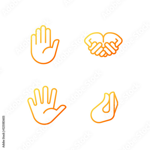 Conveying information by gestures pixel perfect gradient linear vector icons set. Communication system. Hand signs. Thin line contour symbol designs bundle. Isolated outline illustrations collection © bsd studio