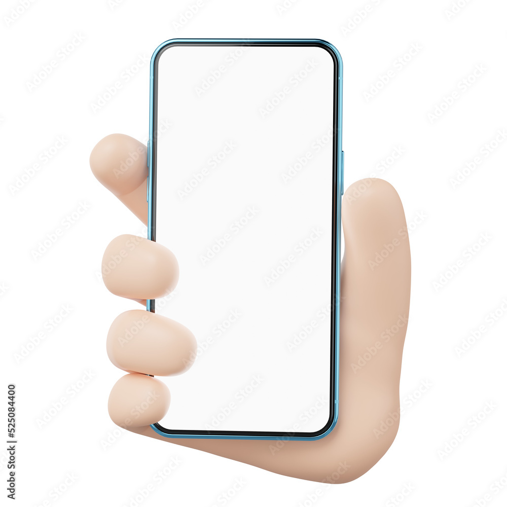 3D human hand holding mobile phone icon. Businessman wearing suit with ...