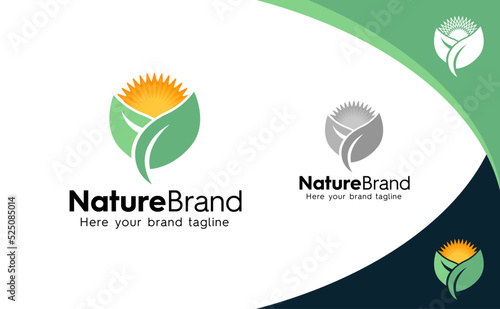 Vector logo design. Abstract nature concept. Leaf and sunrise illustration.
