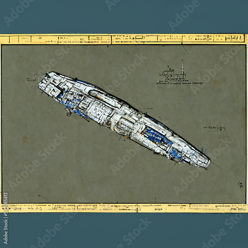 Fototapete Blueprint of a space battle cruiser. Digital painting art.