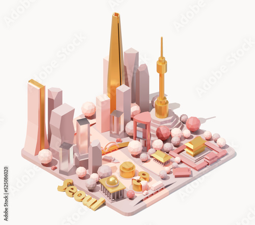 Vector isometric Seoul skyline, South Korea. Low poly illustration. Fictional isometric map. Korean landmarks and famous buildings