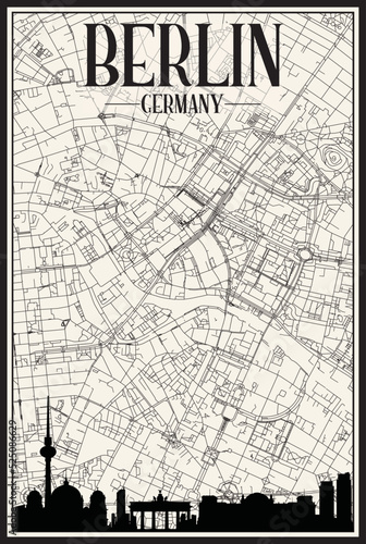 Light printout city poster with panoramic skyline and hand-drawn streets network on vintage beige background of the downtown BERLIN, GERMANY