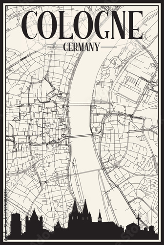 Light printout city poster with panoramic skyline and hand-drawn streets network on vintage beige background of the downtown COLOGNE, GERMANY