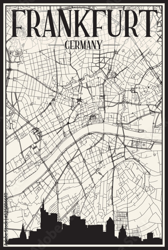 Light printout city poster with panoramic skyline and hand-drawn streets network on vintage beige background of the downtown FRANKFURT, GERMANY