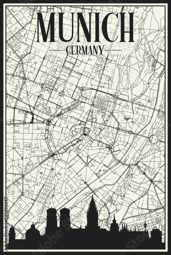Light printout city poster with panoramic skyline and hand-drawn streets network on vintage beige background of the downtown MUNICH, GERMANY