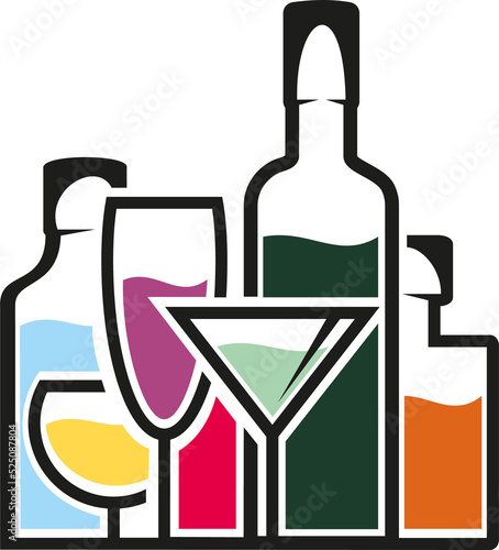Foto Cocktail glasses and bottles with booze isolated