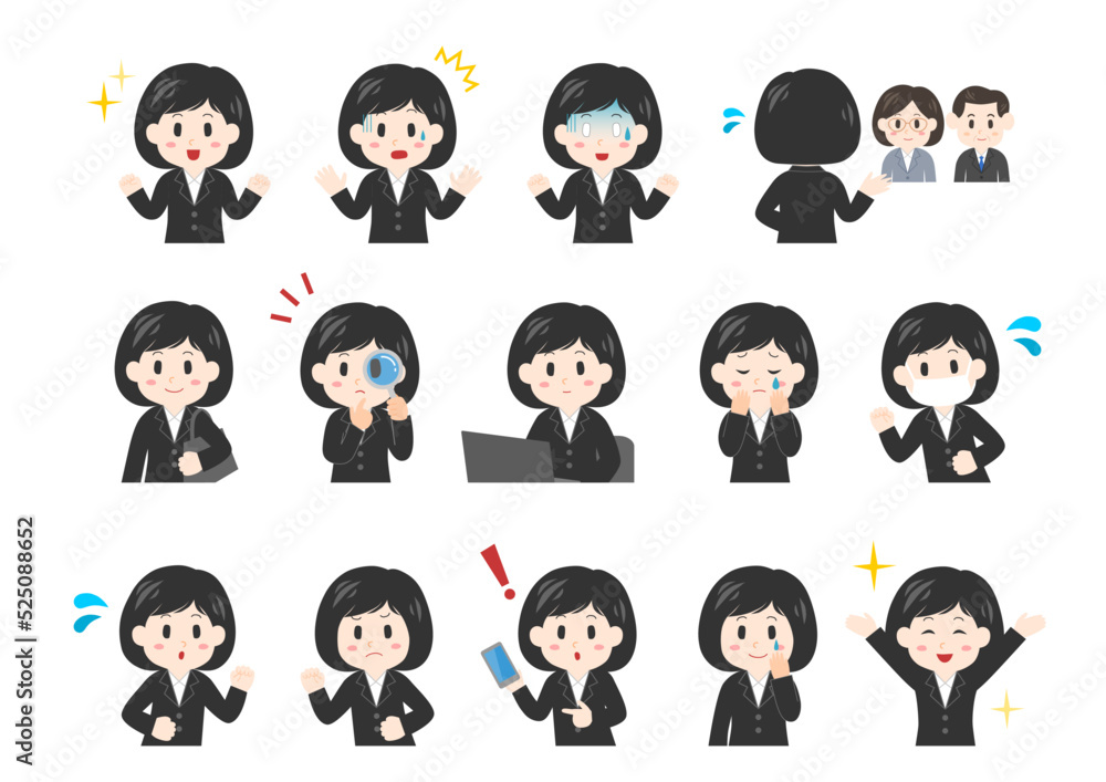 就活を頑張る女性のイラスト: 表情アイコンセット 就活を頑張る女性のイラスト: 表情アイコンセット