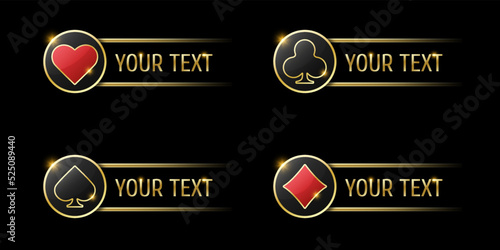 Spades, diamonds, hearts and clubs signs on round button. Ui element for mobile app or web site. Vector set of four casino or poker themed name navigation panels on black background.