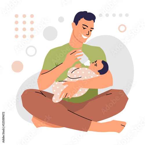 A young man sits on the floor and feeds his baby with milk from a bottle. A father with a newborn baby in his arms. Concept of parental leave and child care. Flat style. Vector isolated.