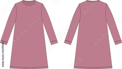 Nightdress technical sketch. Cotton chemise for children. Pudra color. Nightgown.