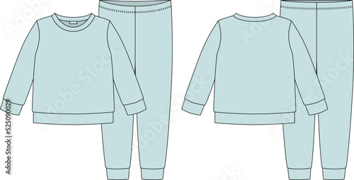 Apparel pajamas technical sketch. eggshell blue color. Childrens cotton sweatshirt and pants.