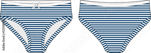 Technical sketch of briefs for girls. Female underpants. Marine stripe color.