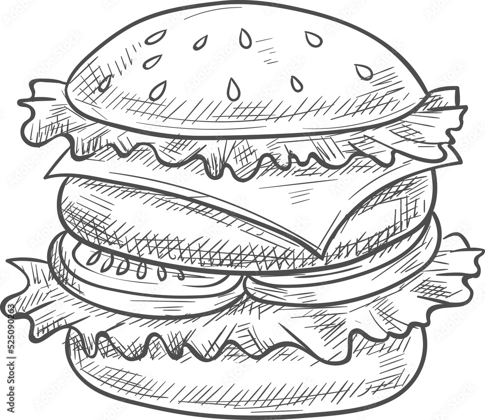 Cheeseburger fastfood snack isolated burger sketch Cheeseburger fastfood snack isolated burger sketch