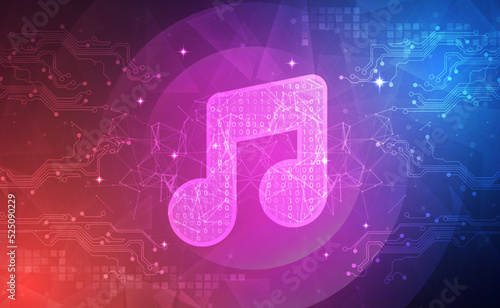 Digital technology music note melody song sheet banner blue pink background, Sound sing media key, abstract tech innovation future, orange color big data, Ai network connection, illustration vector