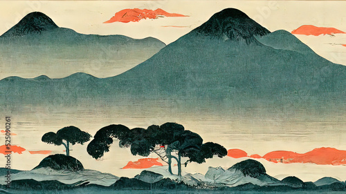 Japanese Ukiyo-e, landscape, art prints. Oriental artistic painting. Japanese landscape. 4k wallpaper, background. Mountains clouds and trees