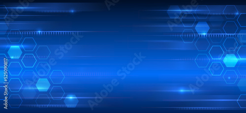 Abstract hexagons science on the blue background. Hi-tech digital technology and engineering concept. Wide Sci fi template with polygons.