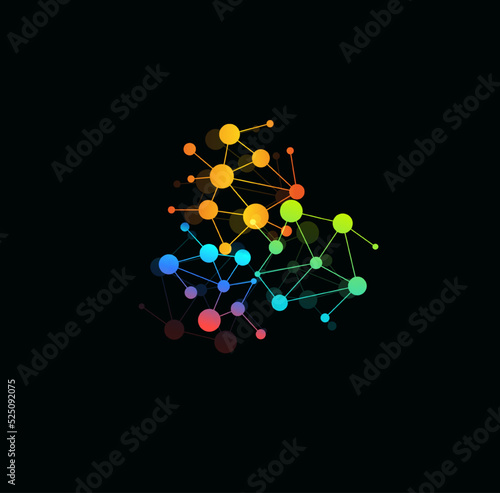 Constellation, interconnected colored dots, cartoon logo concept. Bubbles structure shape, isolated icon. Connected color beats vector illustration for science, technology and medical graphic