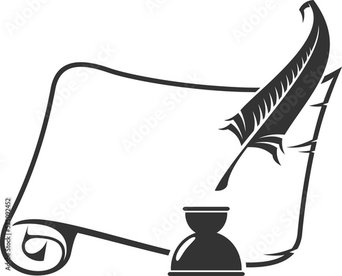 Manuscript scroll, feather and ink bottle isolated