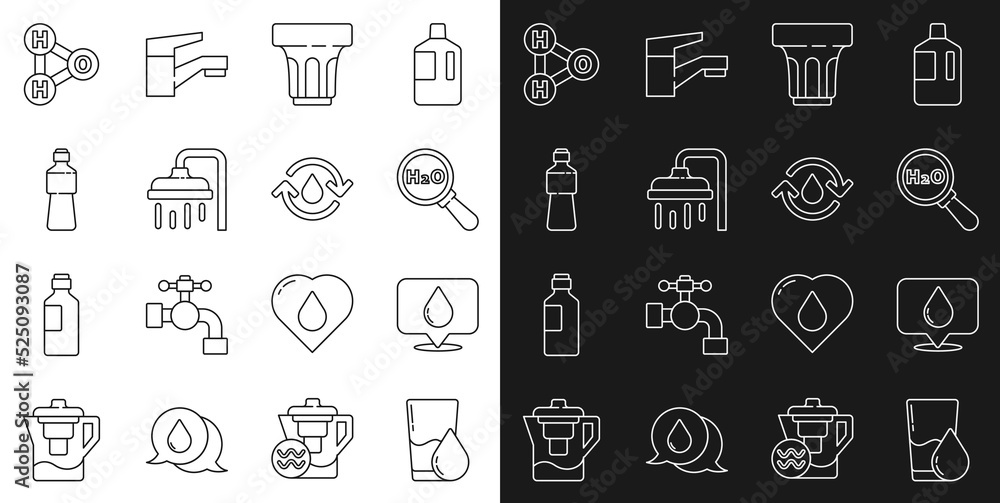 Set line Glass with water, Water drop location, Chemical formula for H2O, Shower head, Bottle of, and Recycle clean aqua icon. Vector
