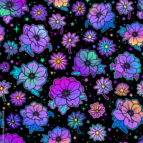 seamless pattern with beautiful iridescent flowers