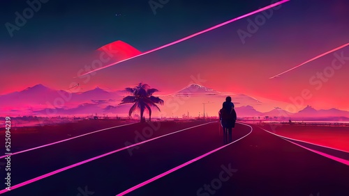 Man looking in the distance, sythnwave, vaporwave wallpaper, background. 4k futuristic, pink neons and purrple sky. Vintage, retro feeling. Digital painting, illustration. photo