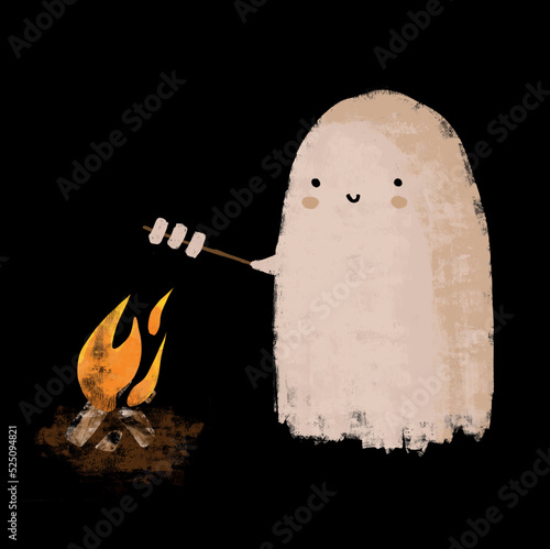 Sweet Little Ghost Baking Marshmallows over the Fire. Cute Halloween Hand Drawn Vector Illustration with Kawaii Style Ghost on a Black Background. Funny Halloween Camping Print ideal for Card, Poster.
