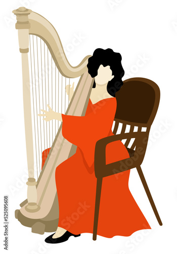 Harpist in bright long orange dress playing her instrument. Vector isolated illustration.