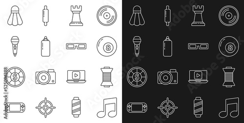 Set line Music note, tone, Sewing thread spool, Billiard snooker ball, Business strategy, Punching bag, Microphone, Badminton shuttlecock and Cinema glasses icon. Vector