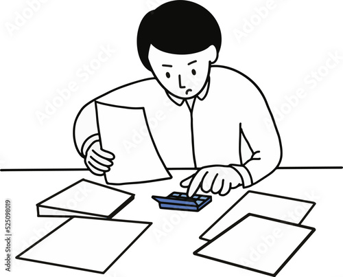  Businessman is sitting on the table. Working computer, financial analysis, accounting staff. Office worker or company employee. Vector illustration in cartoon style © YUJYUN