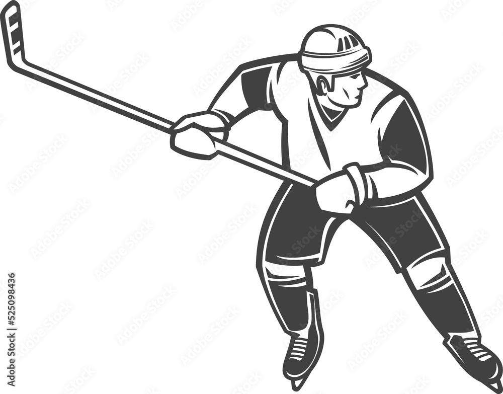 Male in helmet, skates playing ice hockey isolated Male in helmet, skates playing ice hockey isolated
