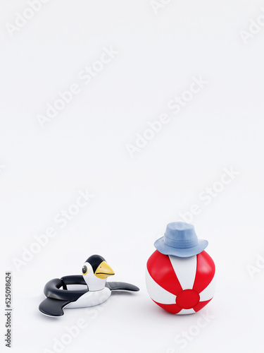 Inflatable penguin and beach ball with hat on white background in summer season. 3D rendering, 3D illustration © R I M O N T