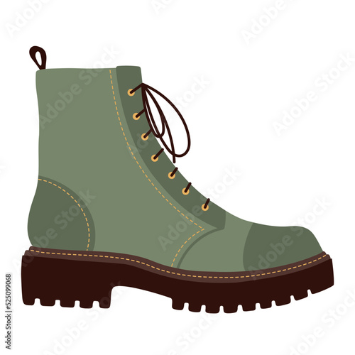 Women's autumn trendy khaki lace-up boots with tractor soles isolated on white. Fashion shoes. Flat vector illustration
