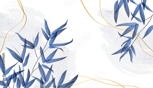 Elegant vector background with golden lines. Blue leaves and branches of a reed tree with golden lines and a watercolor texture, for wallpaper design, decor, interior