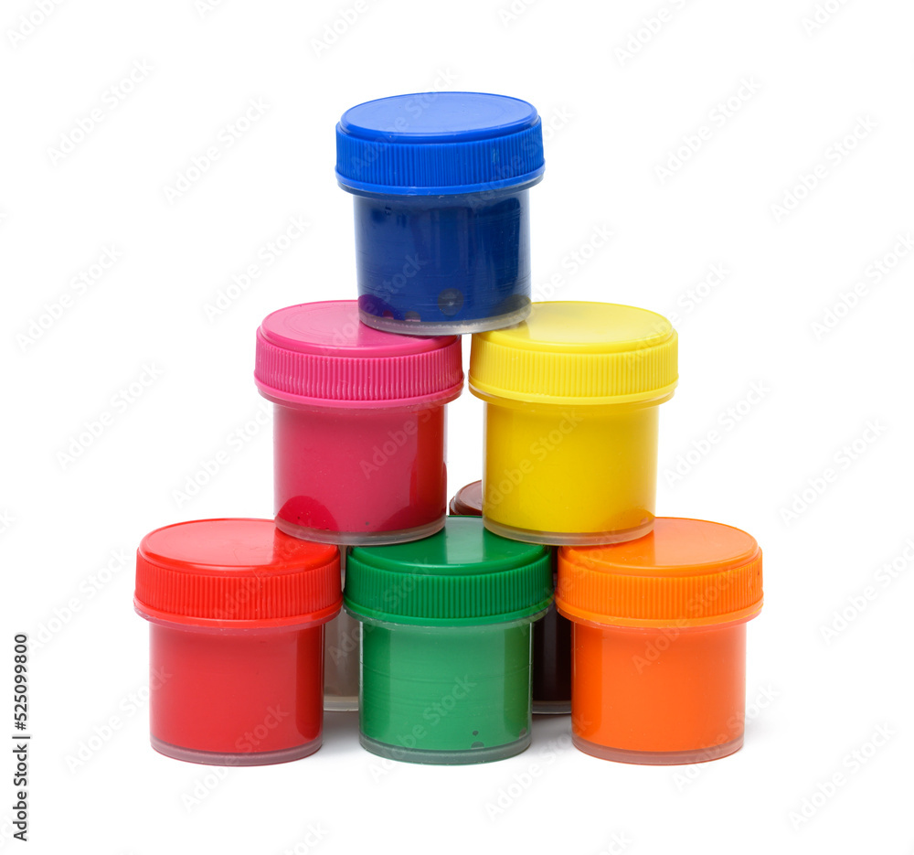 Plastic jars with multi-colored gouache on a white isolated background Plastic jars with multi-colored gouache on a white isolated background