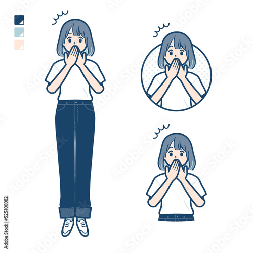 Tシャツを着た若い女性が口をおさえて驚いているイラスト