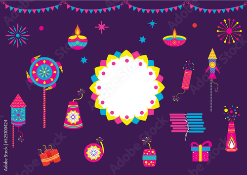 In purple color Diwali festival modern elements illustration and icon set for graphic and web design templates or deepavali firecrackers,diwali crackers 2021 flat vector, color full vector fireworks.