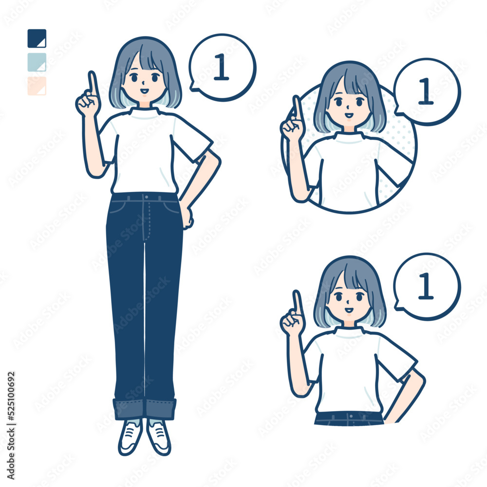 Tシャツを着た若い女性が1とカウントしているイラスト Tシャツを着た若い女性が1とカウントしているイラスト