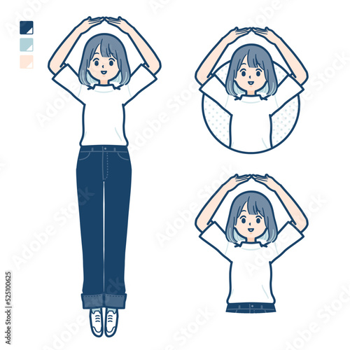Tシャツを着た若い女性が腕でまるを作っているイラスト