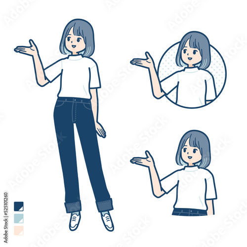 Tシャツを着た若い女性が解説しているイラスト