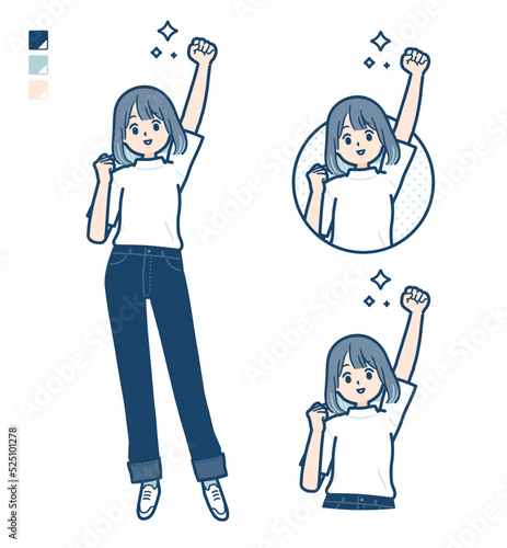 Tシャツを着た若い女性がガッツポーズをしているイラスト