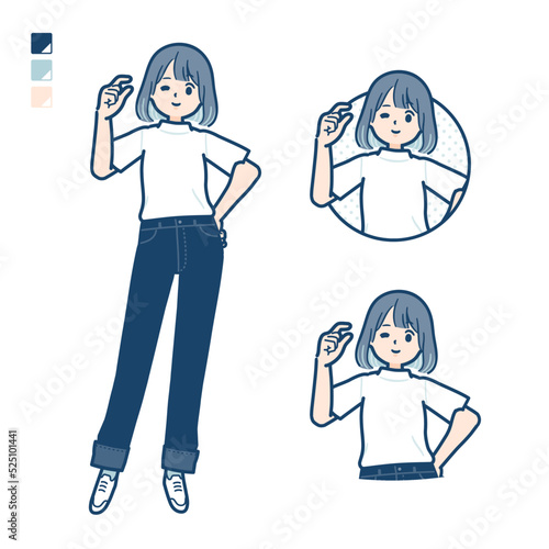 Tシャツを着た若い女性がちょっとだけのハンドサインをしているイラスト